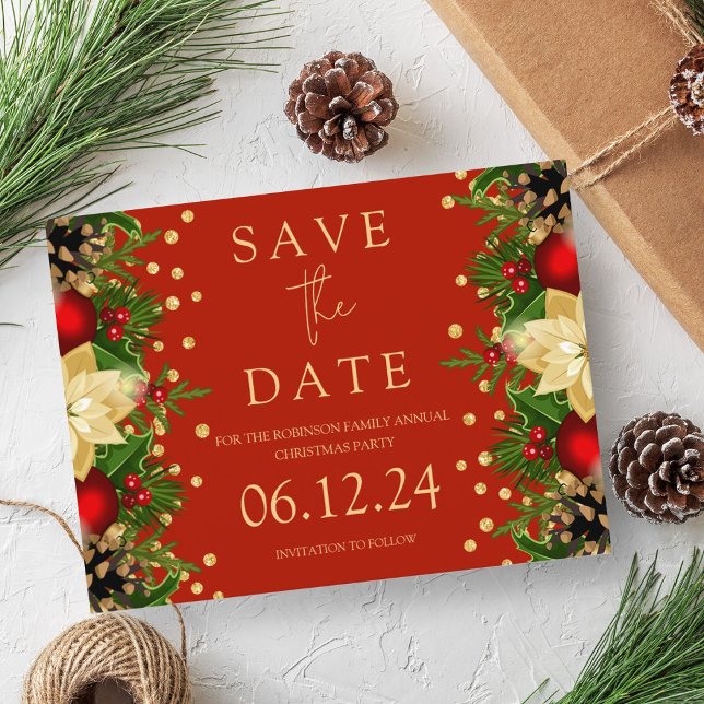Christmas Party Save The Date Gold Floral Red  Announcement Postcard (Christmas Party Save The Date Gold Floral Red Announcement Postcard)