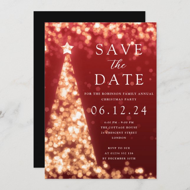 Christmas Party Save The Date Gold Tree Glam Red Invitation (Front/Back)