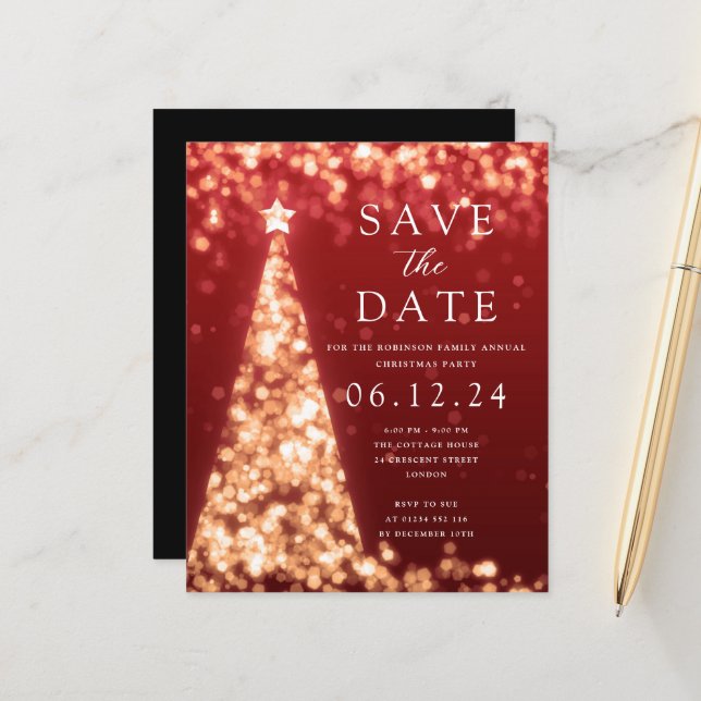 Christmas Party Save The Date Gold Tree Red Invite (Front/Back In Situ)