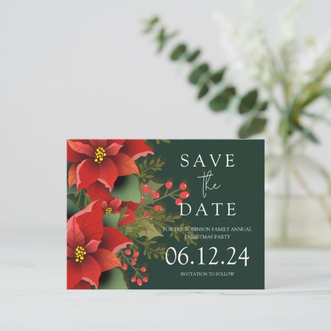 Christmas Party Save The Date Poinsettia Green  Announcement Postcard (Standing Front)