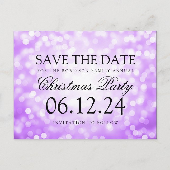 Christmas Party Save The Date Purple Glitter Light Announcement Postcard (Front)