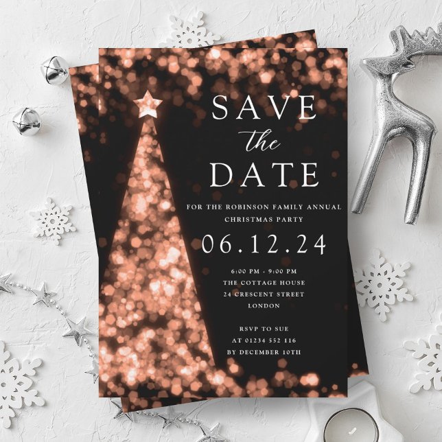 Christmas Party Save The Date Rose Gold Tree Glam  Invitation (Christmas Party Save The Date Rose Gold Tree Glam Invitation)