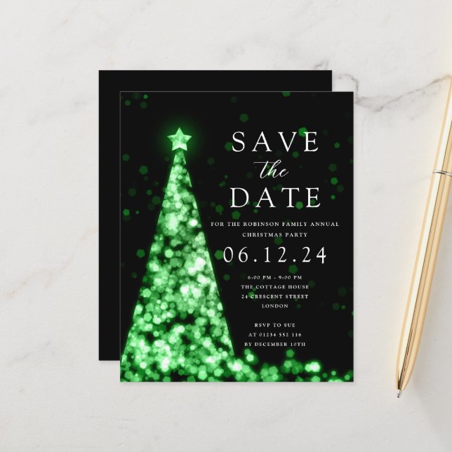 Christmas Party Save The Date Tree Green Invite (Front/Back In Situ)