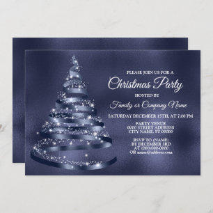 Christmas Party Shiny Blue Ribbon Tree Sparkle Invitation