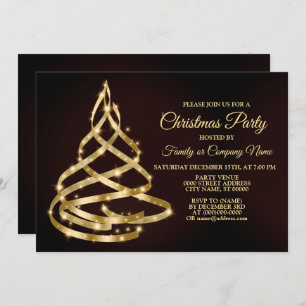 Christmas Party Shiny Golden Ribbon Tree Sparkle Invitation