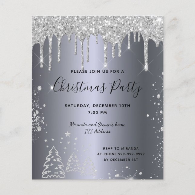 Christmas party silver glitter budget invitation flyer (Front)