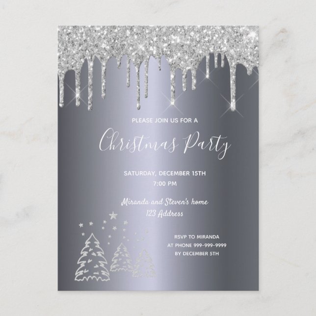 Christmas party silver glitter trees invitation postcard (Front)