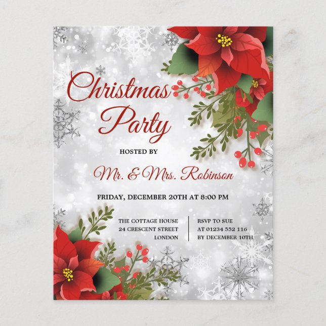 Christmas Party Silver Sparkle Red Poinsettia  Flyer (Front)