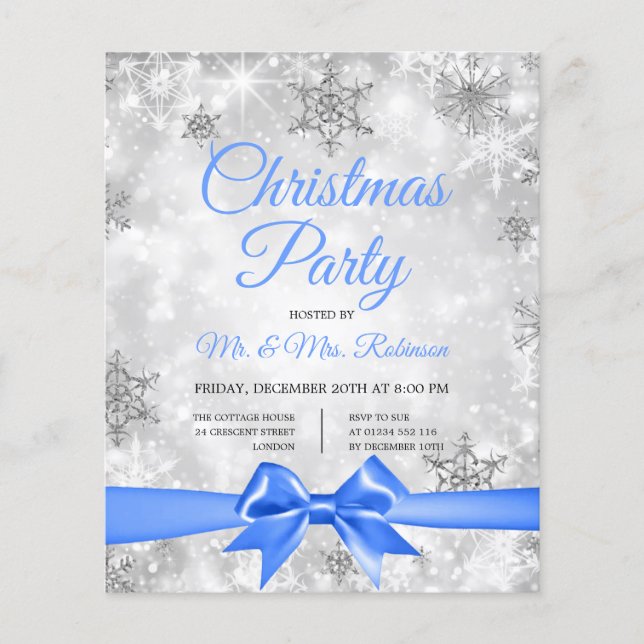 Christmas Party Silver Winter Sparkle Blue Ribbon Flyer (Front)