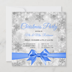 Christmas Party Silver Winter Sparkle Blue Ribbon Invitation