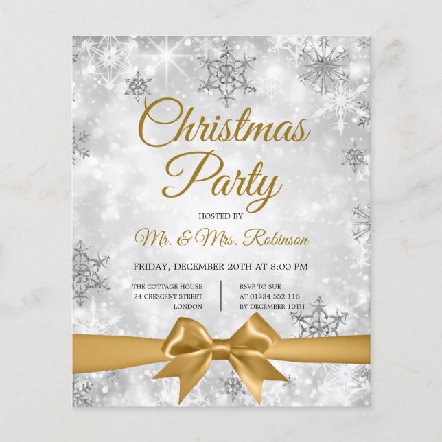 Christmas Party Silver Winter Sparkle Gold Ribbon Flyer (Front)