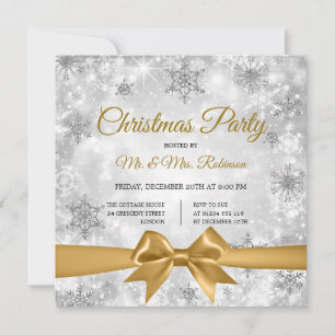 Christmas Party Silver Winter Sparkle Gold Ribbon Invitation