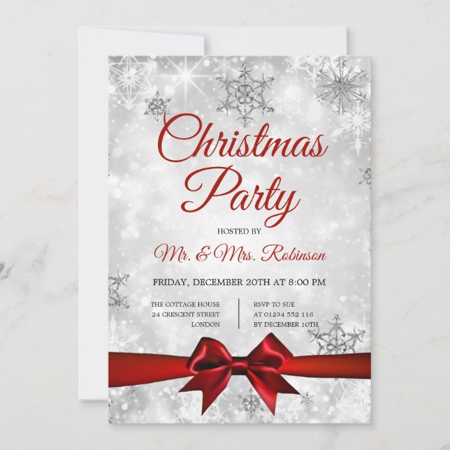 Christmas Party Silver Winter Sparkle Red Ribbon Invitation (Front)