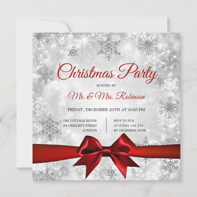 Christmas Party Silver Winter Sparkle Red Ribbon Invitation (Front)