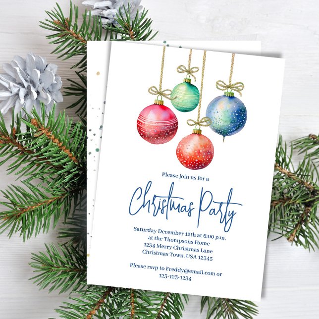 Christmas Party Simple Watercolor Ornaments Invitation (Christmas party invitation with colorful ornaments. )