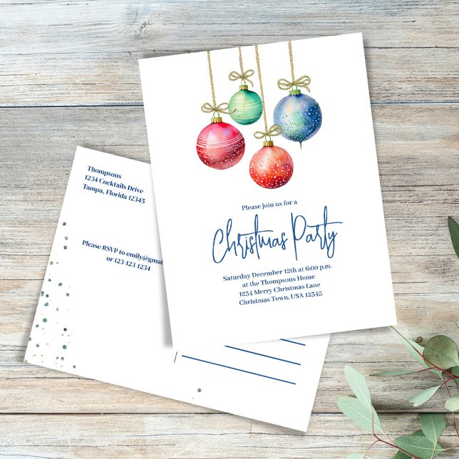 Christmas Party Simple Watercolor Ornaments Postcard (Creator Uploaded)