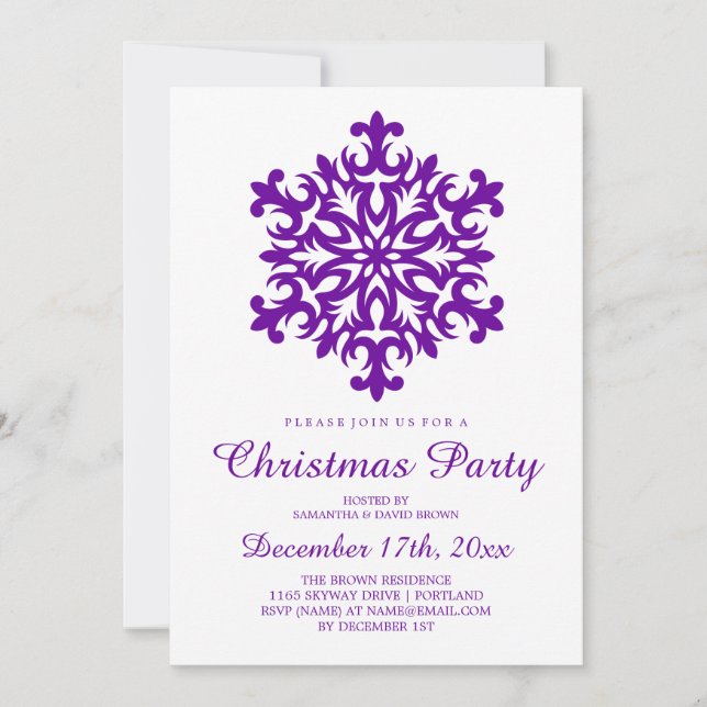 Christmas Party Snowflake Purple Invitation (Front)