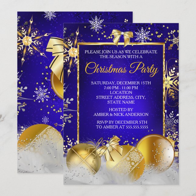 Christmas Party Snowflake Royal Blue Gold Bauble Invitation (Front/Back)