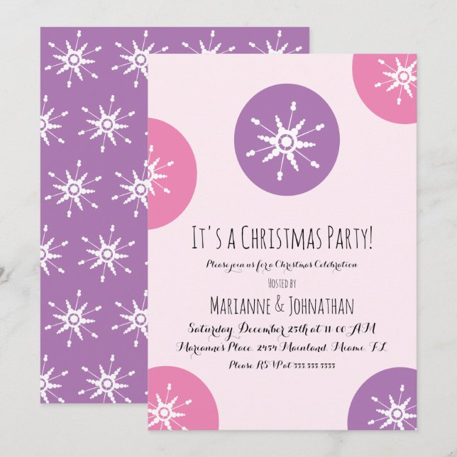 Christmas Party Snowflakes Pink Purple Dots Invitation (Front/Back)