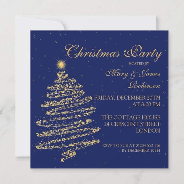 Christmas Party Swirly Tree Gold & Navy Blue Invitation (Front)