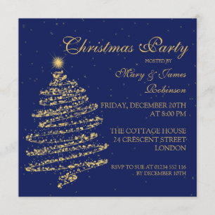 Christmas Party Swirly Tree Gold & Navy Blue Invitation