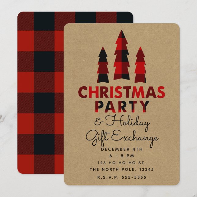 Christmas Party Trees Plaid Kraft Holiday Exchange Invitation (Front/Back)
