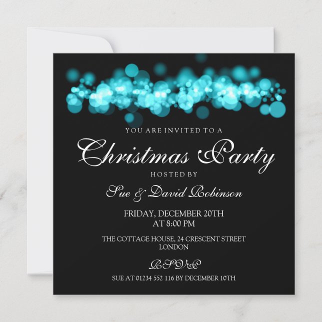 Christmas Party Turquoise Bokeh Lights Invitation (Front)