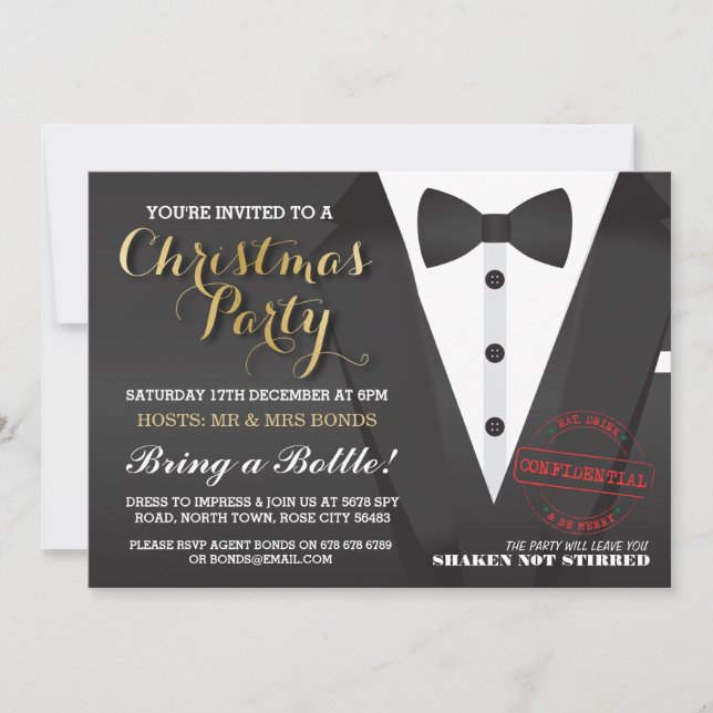 Christmas Party Tuxedo Bow Tie Ball Dinner Invite (Front)