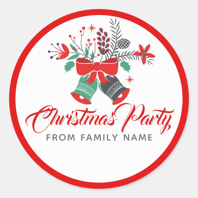 Christmas Party Typography & Bells Bouquet Classic Round Sticker (Front)