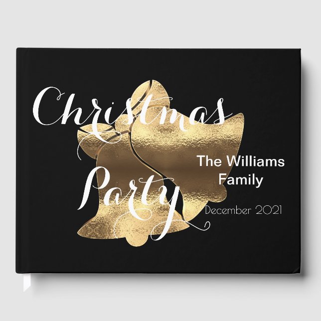 Christmas Party Typography Black White Gold Guest Book (Front)