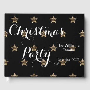 Christmas Party Typography Black White Gold Stars Guest Book