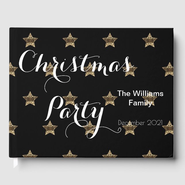 Christmas Party Typography Black White Gold Stars Guest Book (Front)