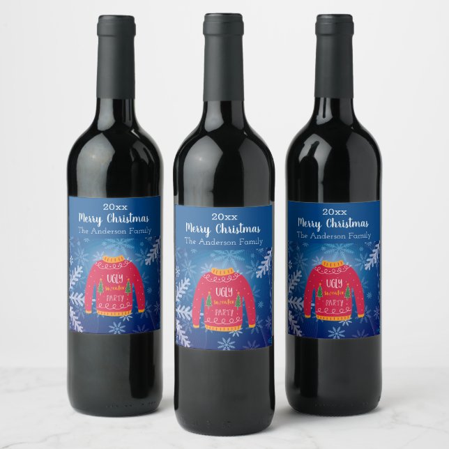 Christmas party ugly sweater red blue snowflakes wine label (Bottles)