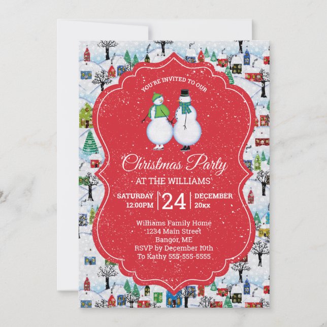 Christmas Party Village Snowmen Couple Skate Red Invitation (Front)