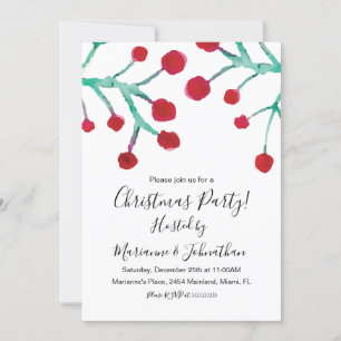 Christmas Party Watercolor Berries Hand Painted Invitation