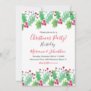 Christmas Party Watercolor Berry Hand Painted Invitation