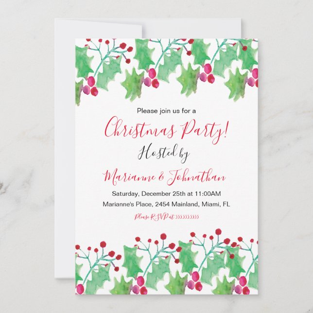 Christmas Party Watercolor Berry Hand Painted Invitation (Front)