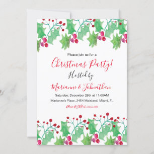 Christmas Party Watercolor Berry Hand Painted Invitation