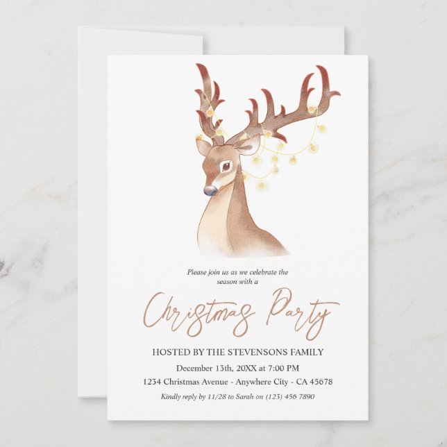 Christmas Party Watercolor Brown Deer Elegant Chic Invitation (Front)