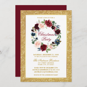 Christmas Party Watercolor Floral Gold Glitter Invitation