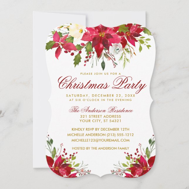 Christmas Party Watercolor Floral Poinsettia Invitation (Front)