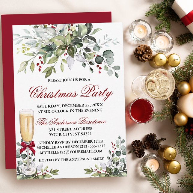 Christmas Party Watercolor Greenery Berries Glass Invitation (Customize to change text color, size, style or to change color of back of card.)