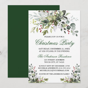 Christmas Party Watercolor Greenery Berries Invitation