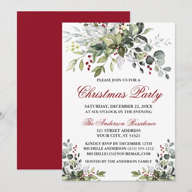 Christmas Party Watercolor Greenery Red Berries Invitation (Front/Back)