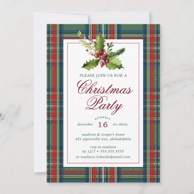 Christmas Party | Watercolor Holly Plaid Invitation (Front)
