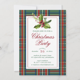 Christmas Party | Watercolor Holly Plaid Invitation