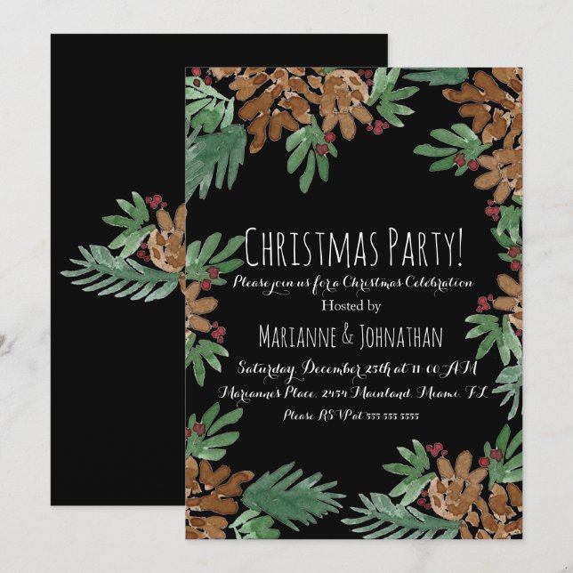 Christmas Party Watercolor Pinecones Greenery Art Invitation (Front/Back)