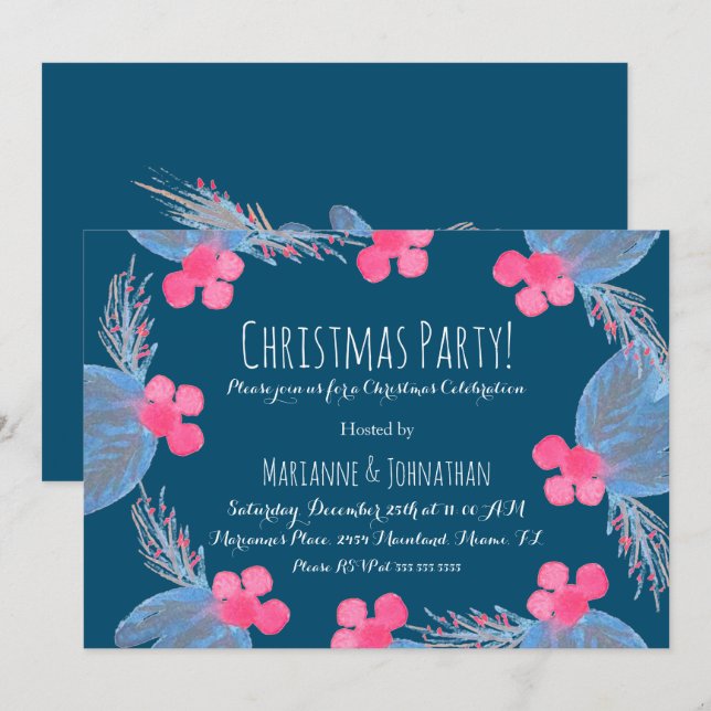 Christmas Party Watercolor Pionsettias Berry Blue Invitation (Front/Back)