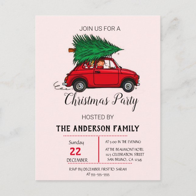 Christmas Party, Watercolor Red Car Winter Holiday Postcard (Front)