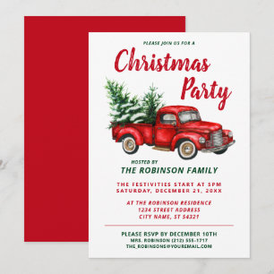 Christmas Party Watercolor Vintage Red Truck Invitation